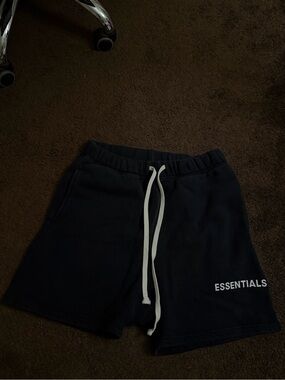 ESSENTIALS Black Men’s Athletic Logo Shorts with White Drawstring